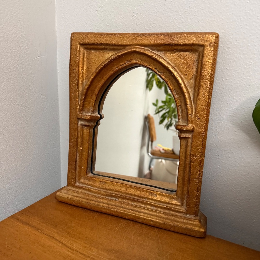 Vintage Kulicke Gold Gothic Arch Replica Framed Mirror 8.5"x10.5"